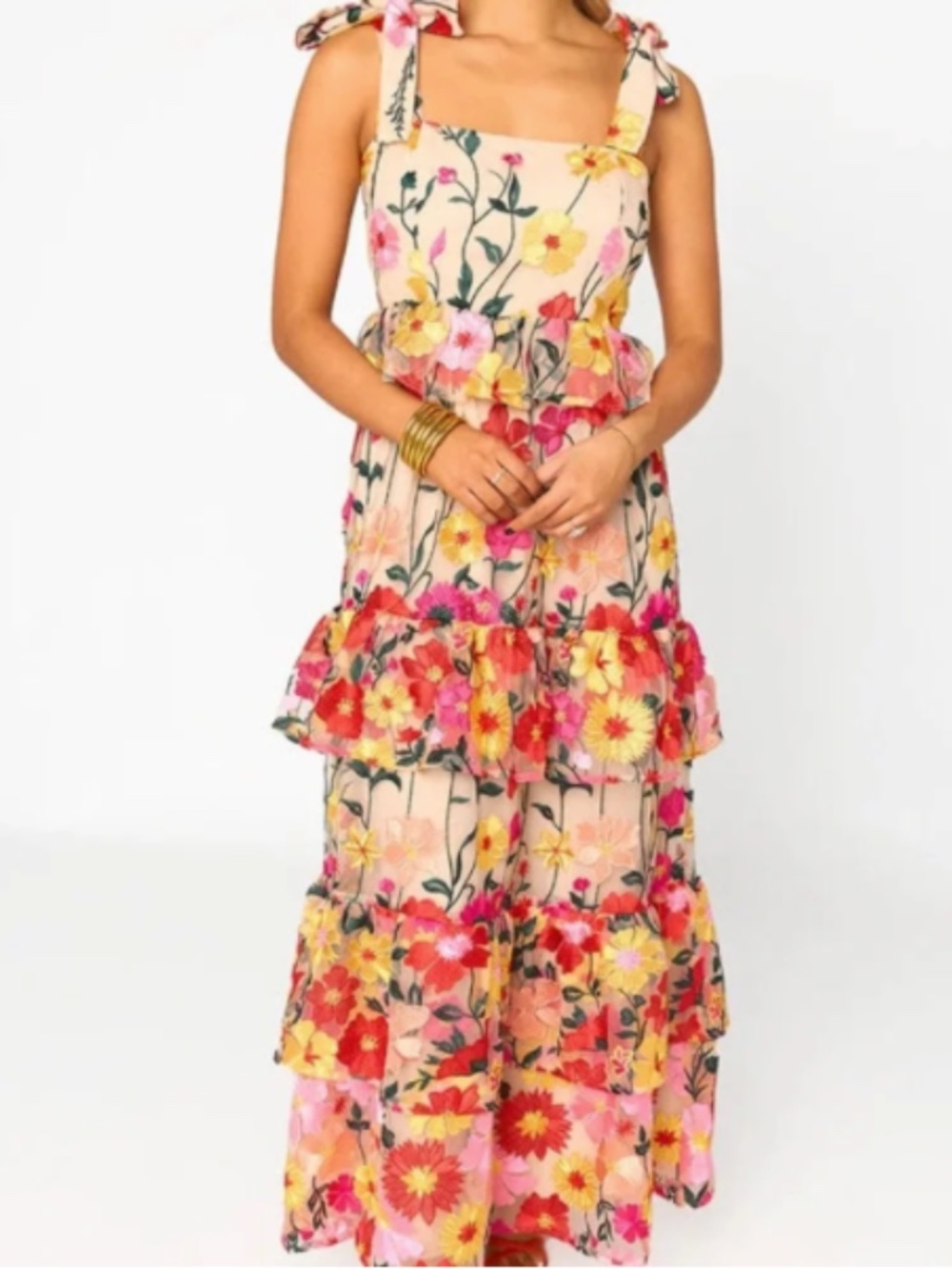 BuddyLove Edie Unconditional Tie Shoulder Floral Print Tiered Maxi Dress